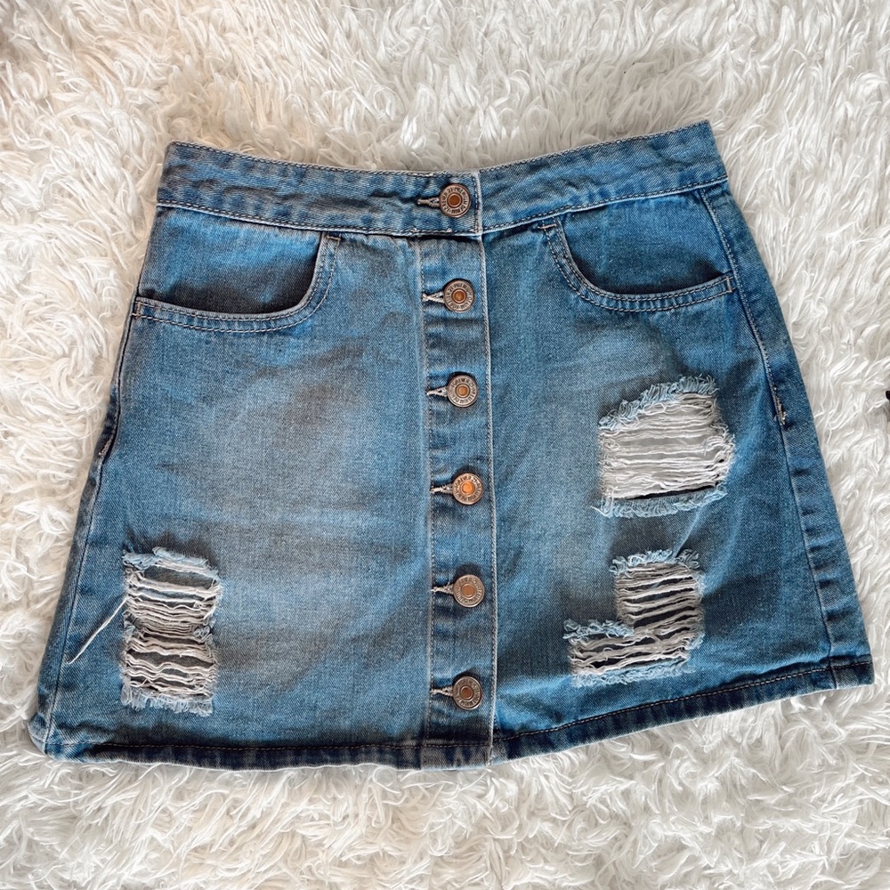 Distressed jean skirt